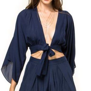 Jennifer Hope Navy Silk Tie Wrap Crop Blouse - S